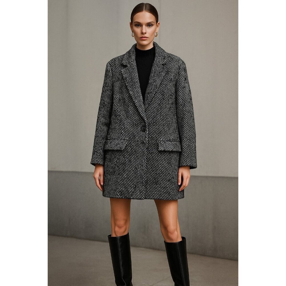 SUNCOO Paris Manteau Edison Coat Jacket T1 Women Black White Tweed Wool Blend